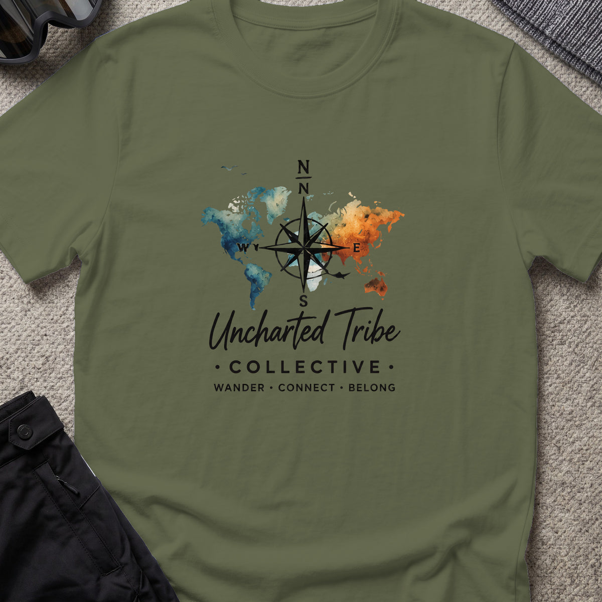 Uncharted World T-Shirt in Military Green, front view.