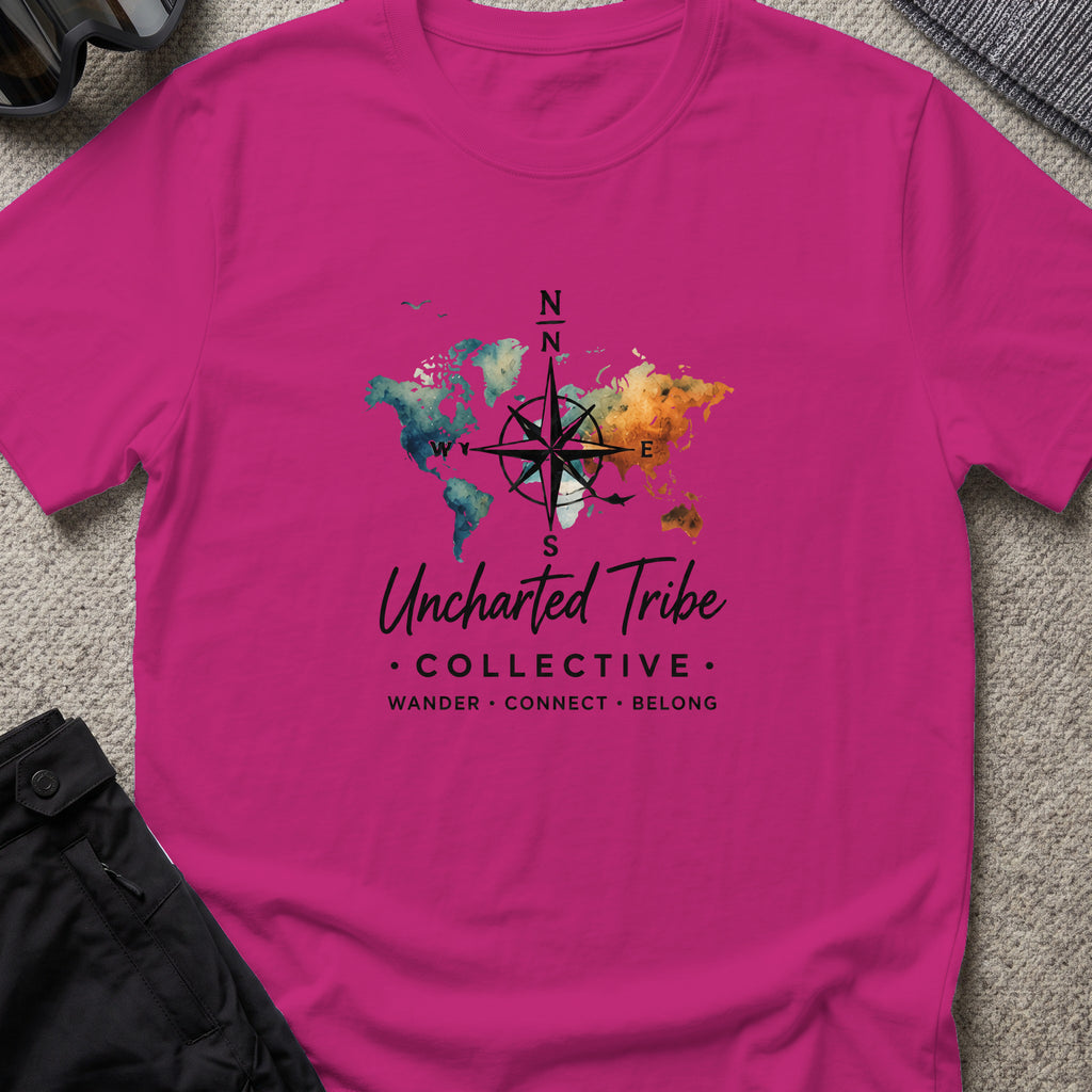 Uncharted World T-Shirt in Antique Heliconia, front view.