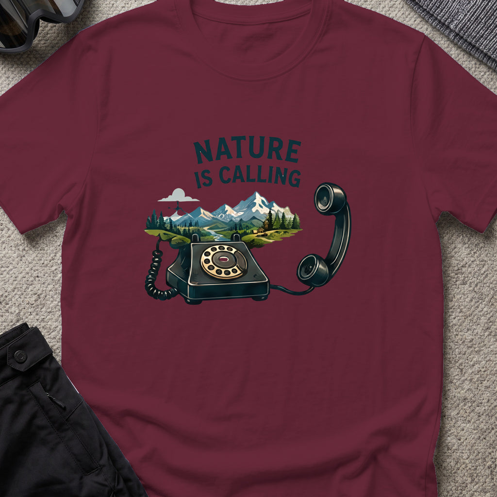 Nature is Calling T-Shirt in Maroon, front view.