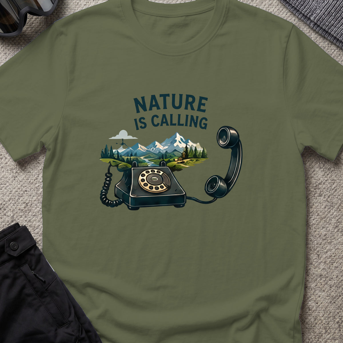 Nature is Calling T-Shirt in Military Green, front view.