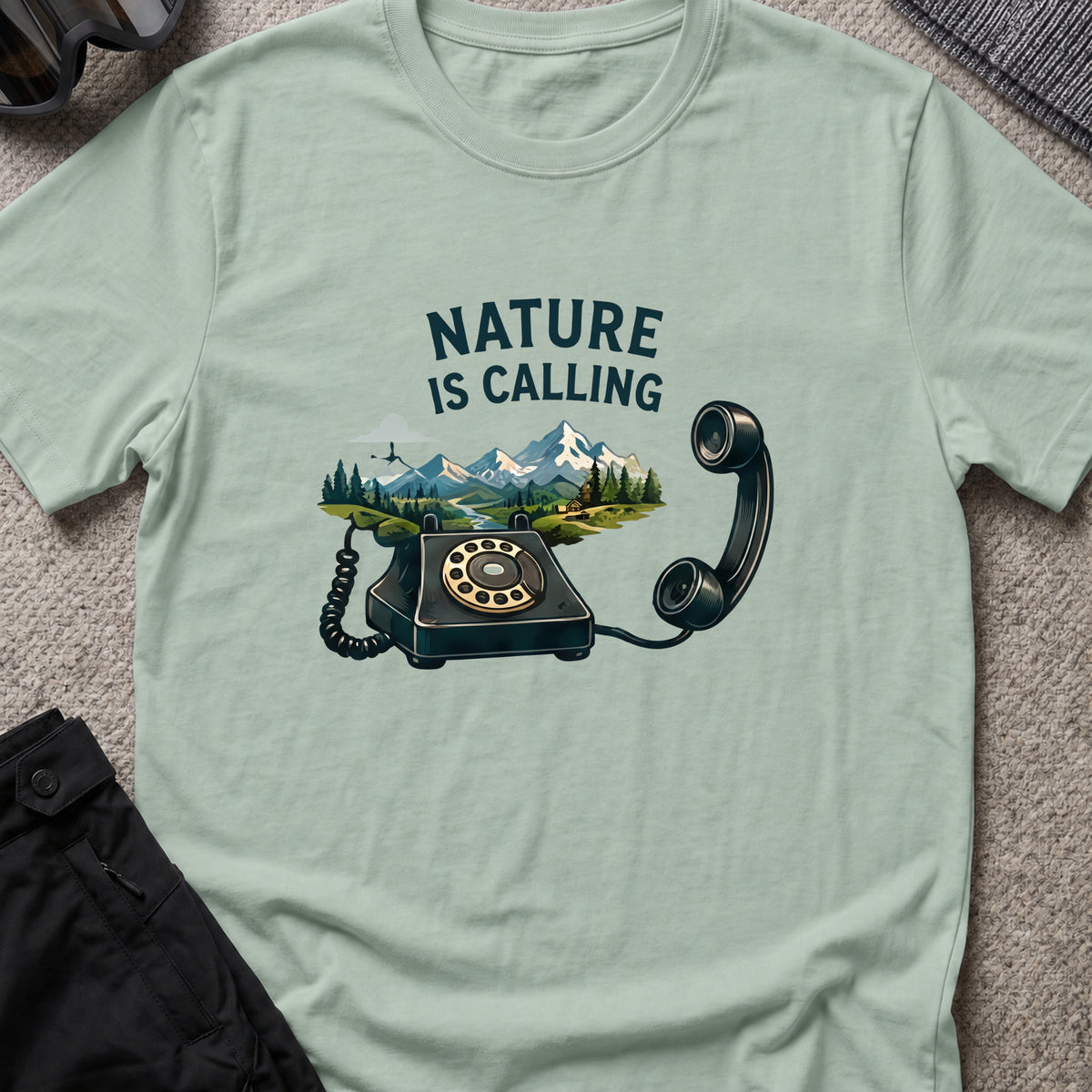 Nature is Calling T-Shirt in Sage, front view.