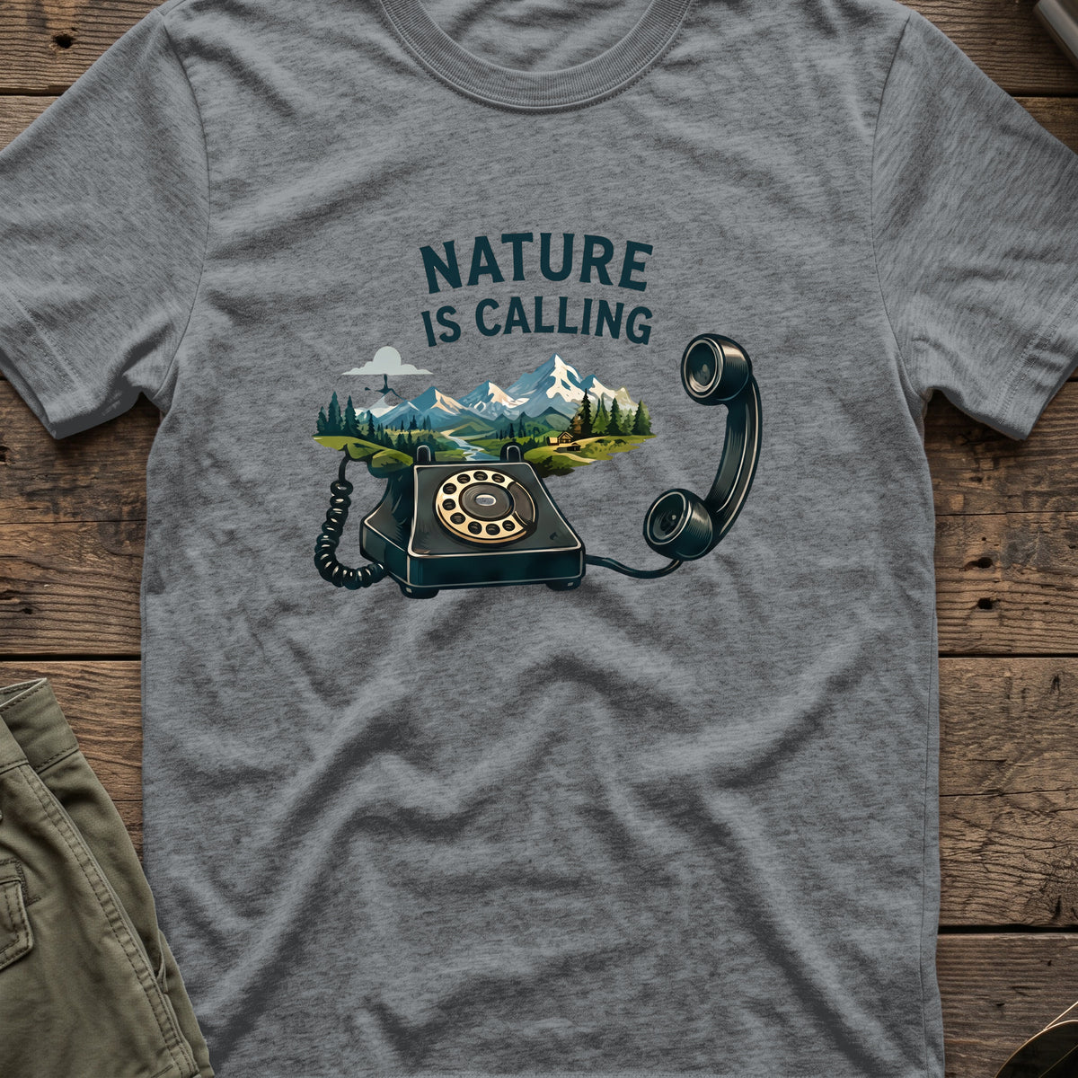 Nature is Calling T-Shirt in Graphite Heather, front view.