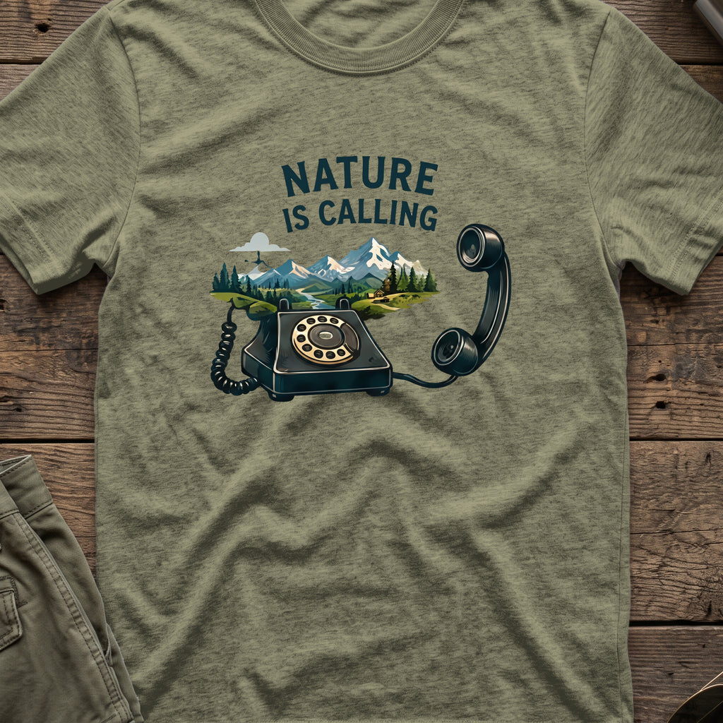 Nature is Calling T-Shirt in Heather Military Green, front view.