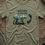 Nature is Calling T-Shirt in Heather Military Green, front view.