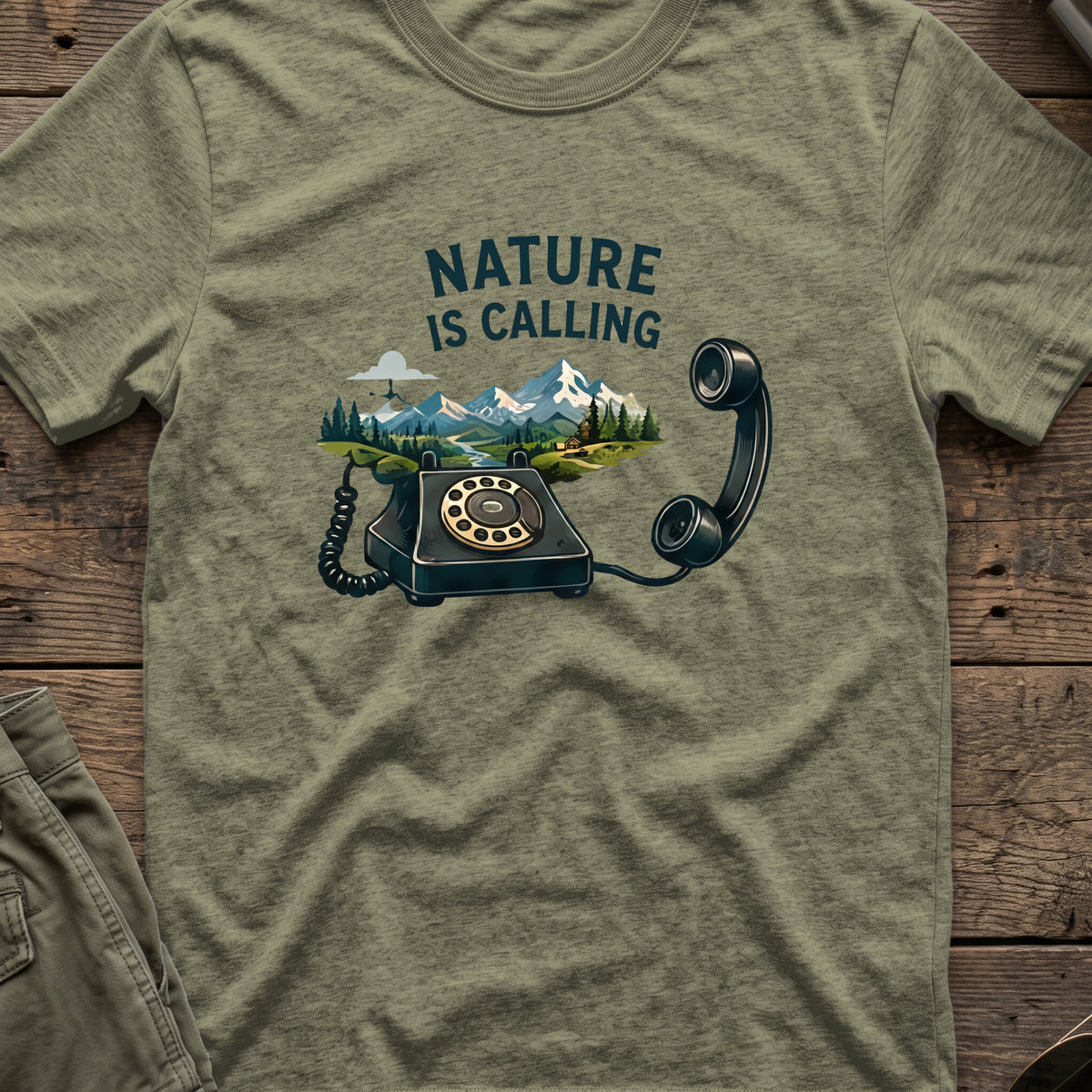 Nature is Calling T-Shirt in Heather Military Green, front view.