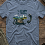 Nature is Calling T-Shirt in Heather Indigo, front view.