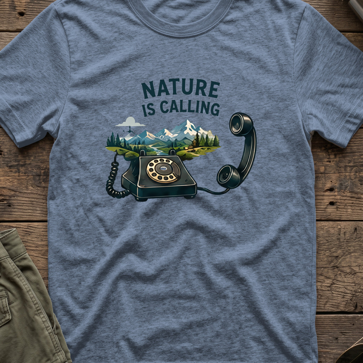 Nature is Calling T-Shirt in Heather Indigo, front view.