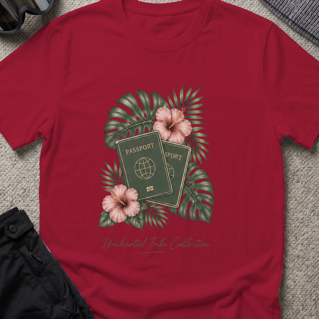 Floral Passport T-Shirt in Cardinal Red, front view.