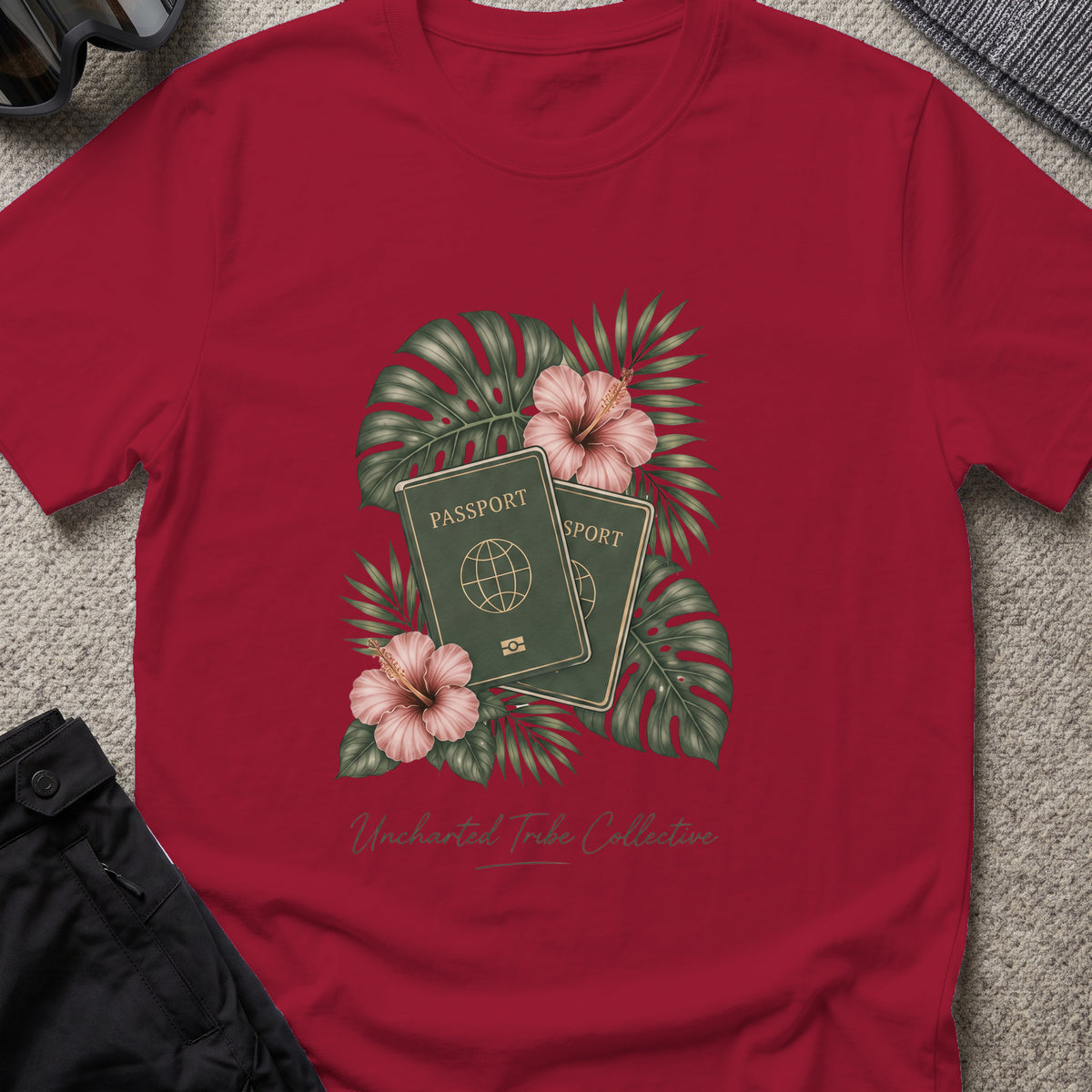 Floral Passport T-Shirt in Cardinal Red, front view.