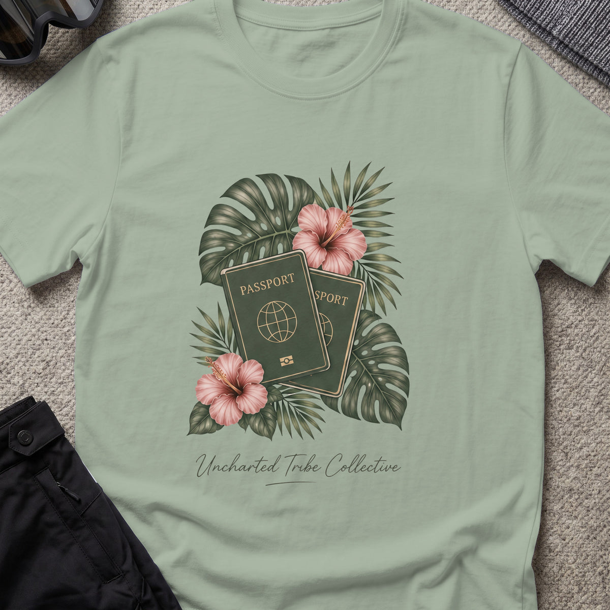 Floral Passport T-Shirt in Sage, front view.