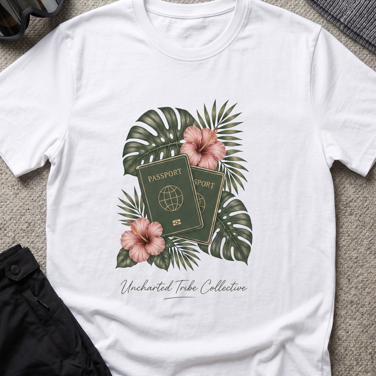 Floral Passport T-Shirt in White, front view.