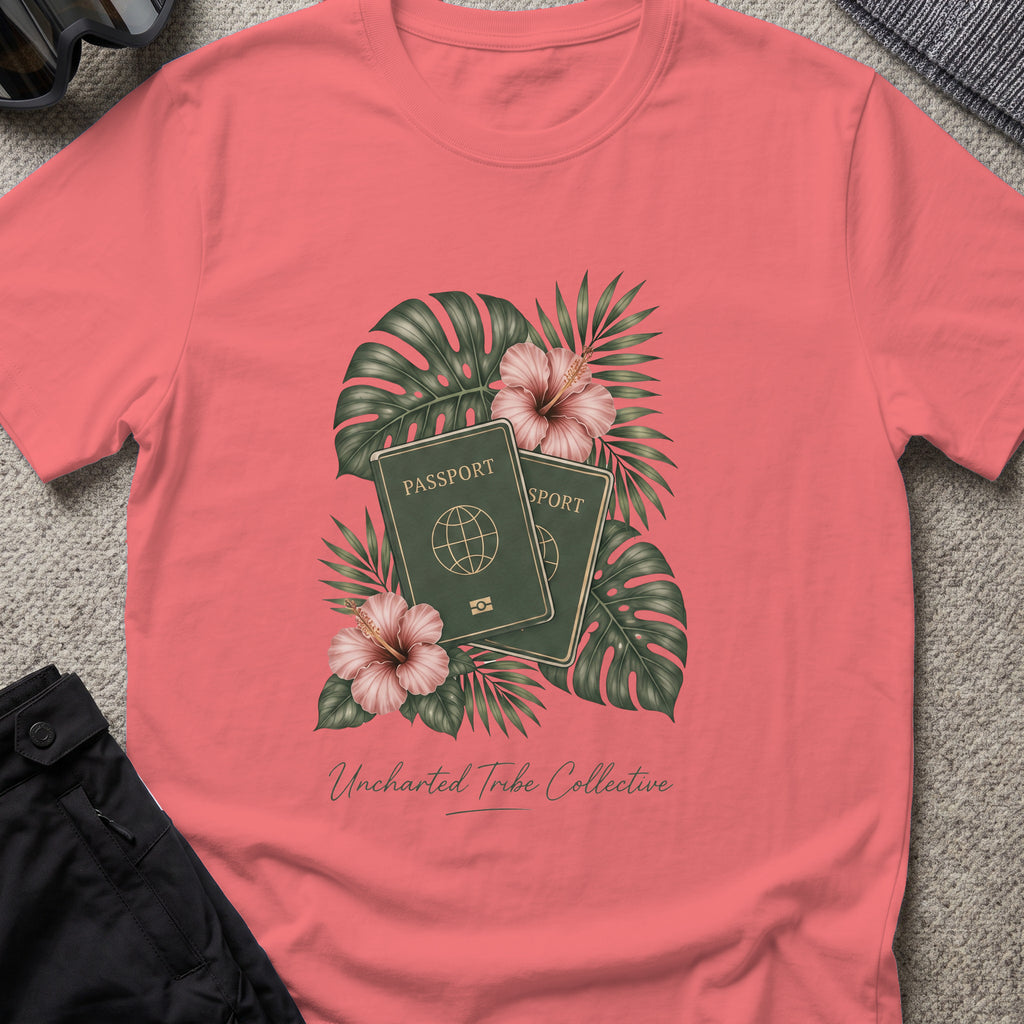 Floral Passport T-Shirt in Coral Silk, front view.