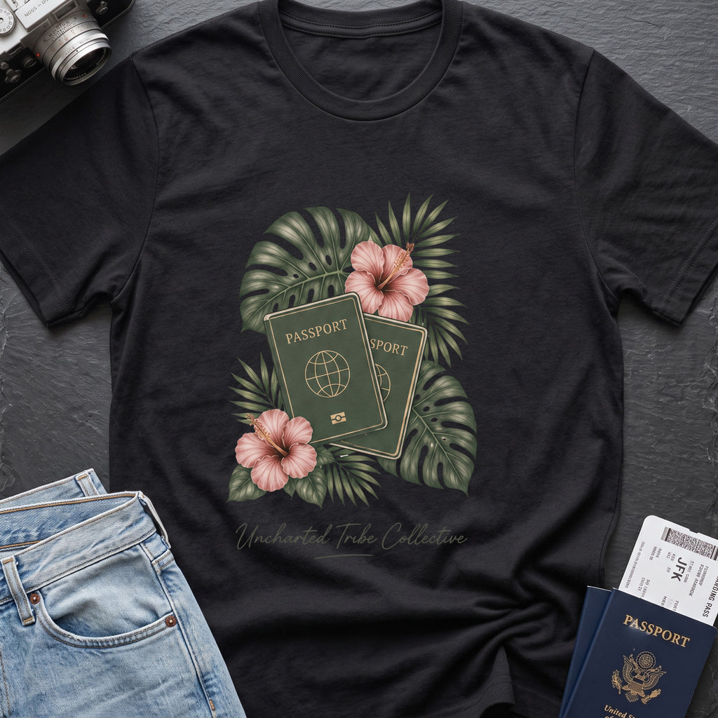 Floral Passport T-Shirt in Black, front view.