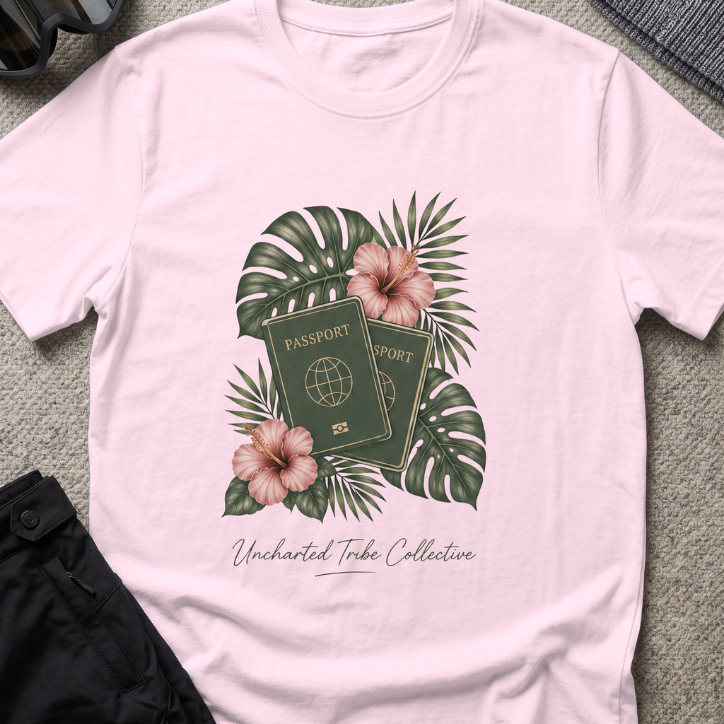 Floral Passport T-Shirt in Light Pink, front view.