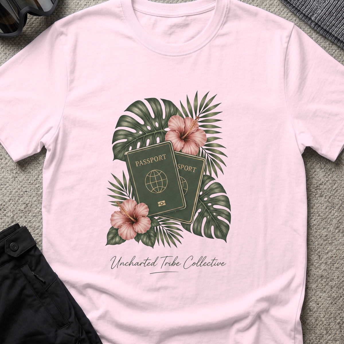 Floral Passport T-Shirt in Light Pink, front view.