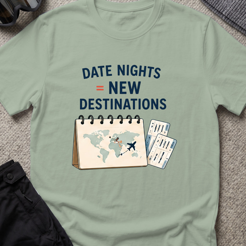 Date Night = New Destinations T-Shirt in Sage, front view.