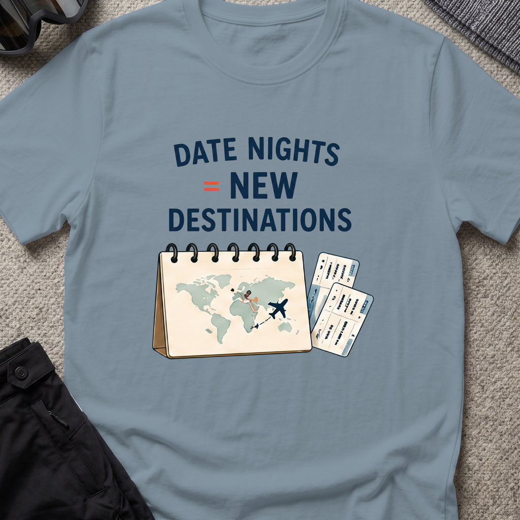 Date Night = New Destinations T-Shirt in Stone Blue, front view.