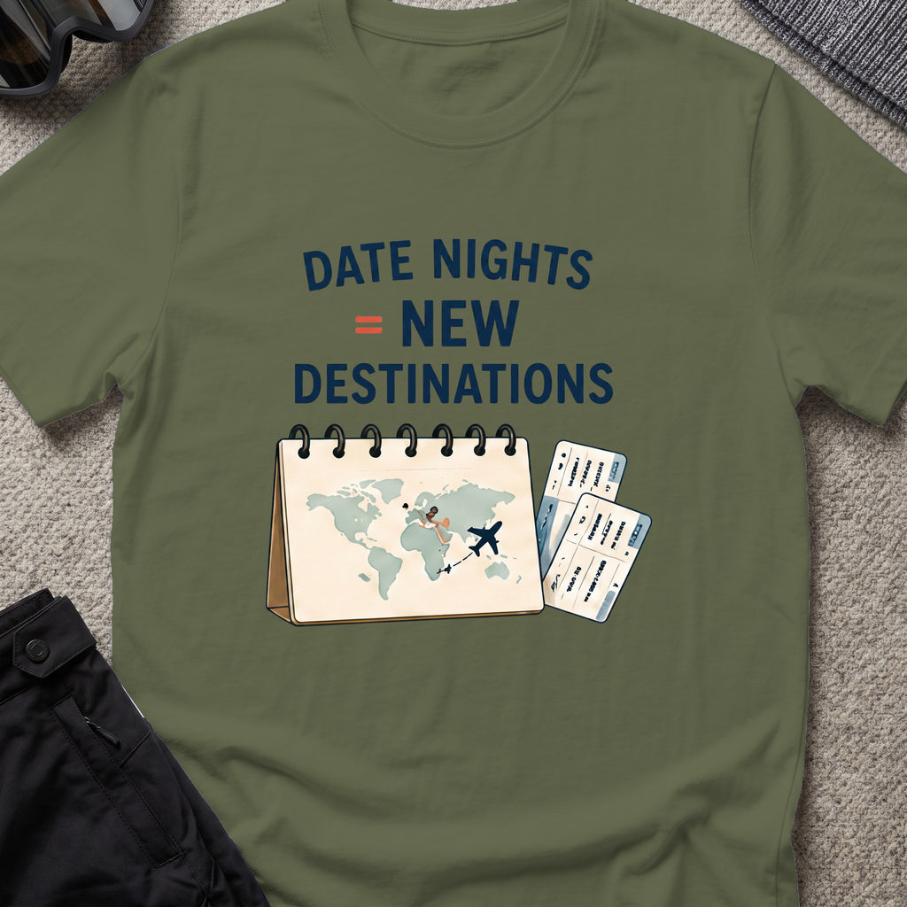 Date Night = New Destinations T-Shirt in Military Green, front view.