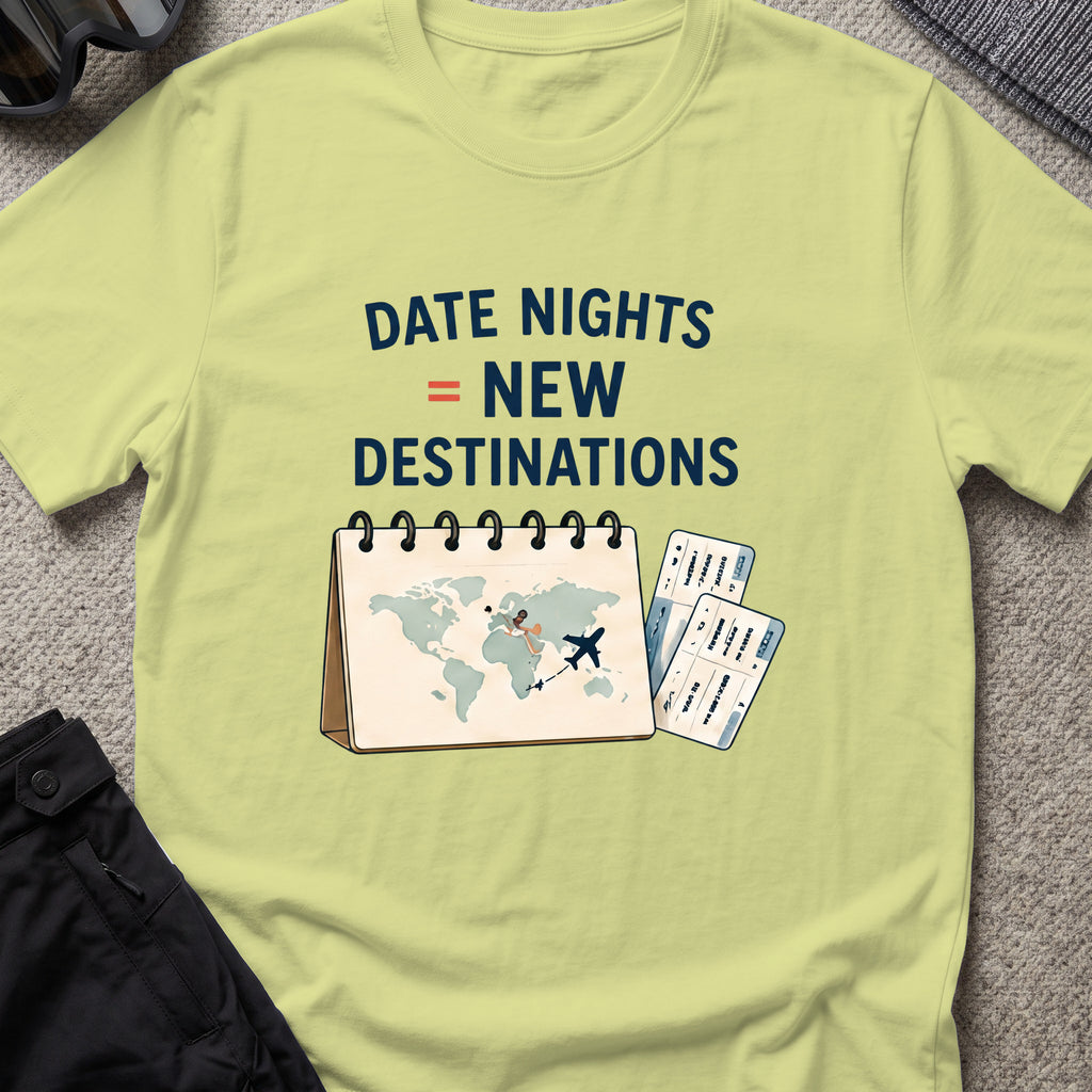 Date Night = New Destinations T-Shirt in Pistachio, front view.