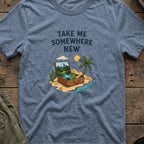 Take Me Somewhere T-Shirt in Heather Indigo, front view.