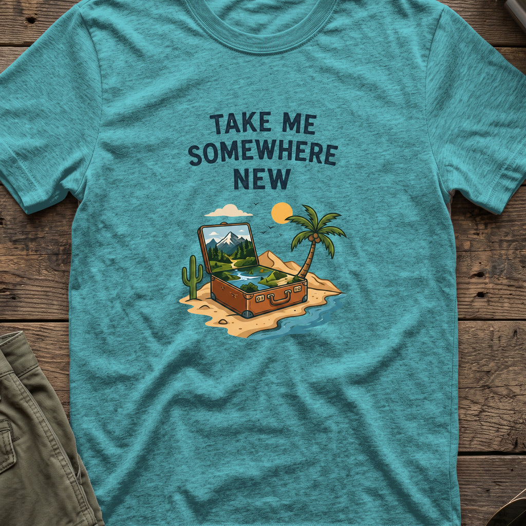 Take Me Somewhere T-Shirt in Heather Galapagos Blue, front view.