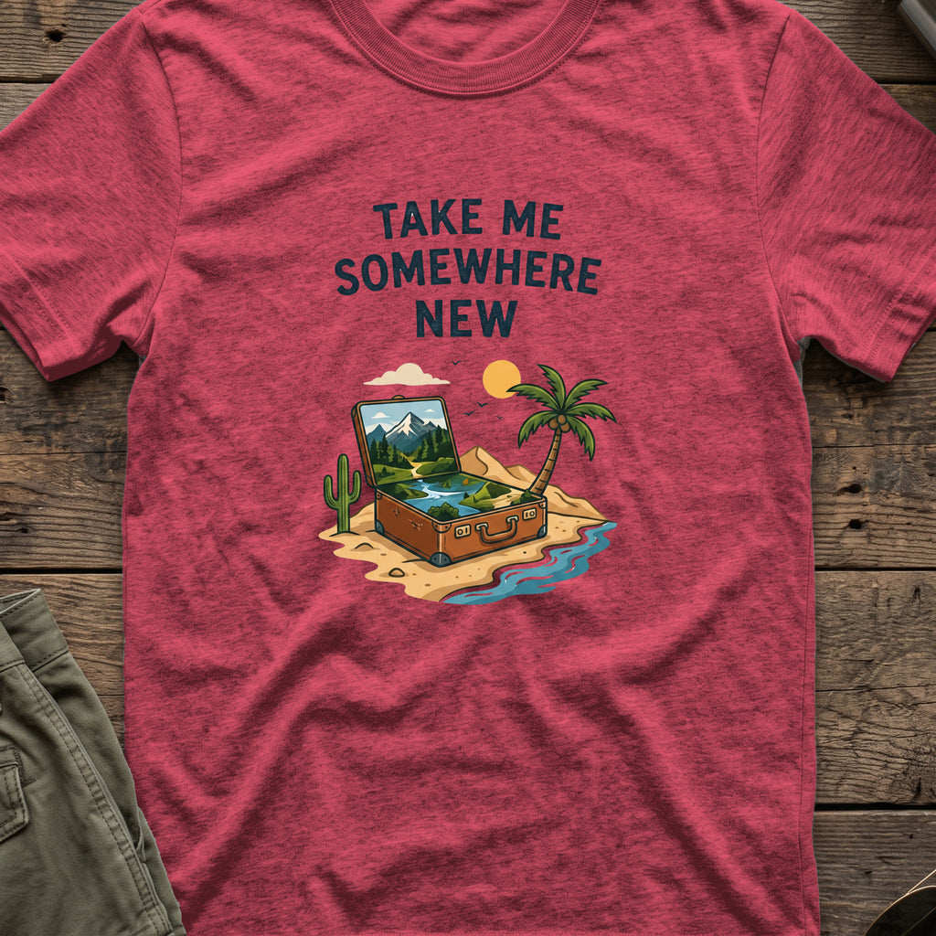 Take Me Somewhere T-Shirt in Heather Cardinal, front view.