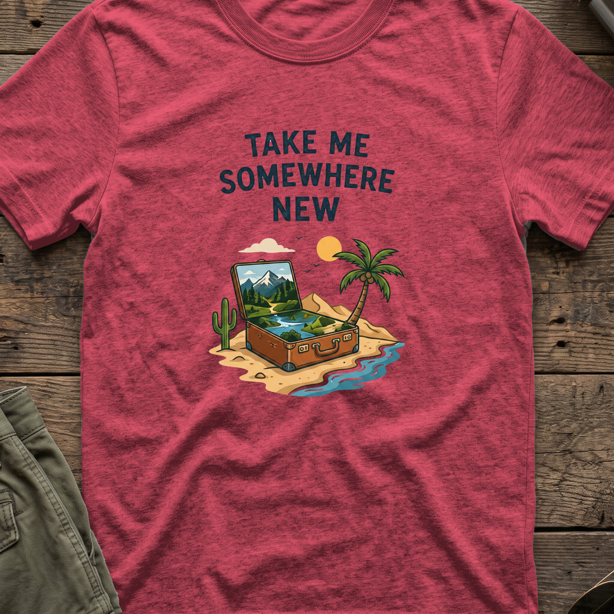 Take Me Somewhere T-Shirt in Heather Cardinal, front view.