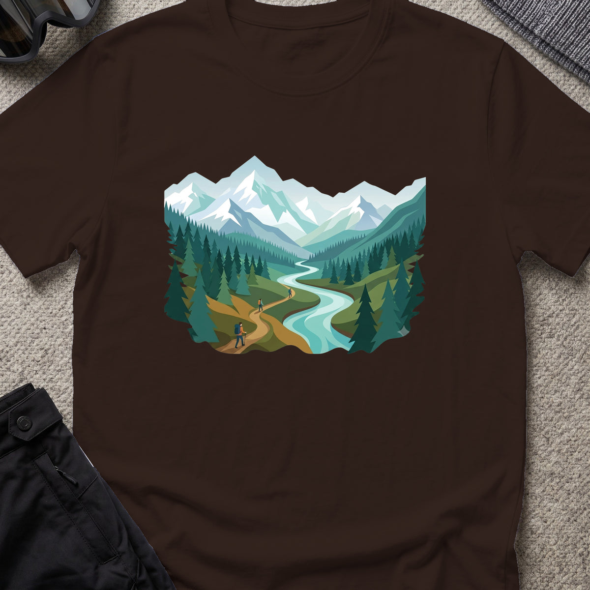 Mountain Time Travel T-Shirt in Dark Chocolate, front view.