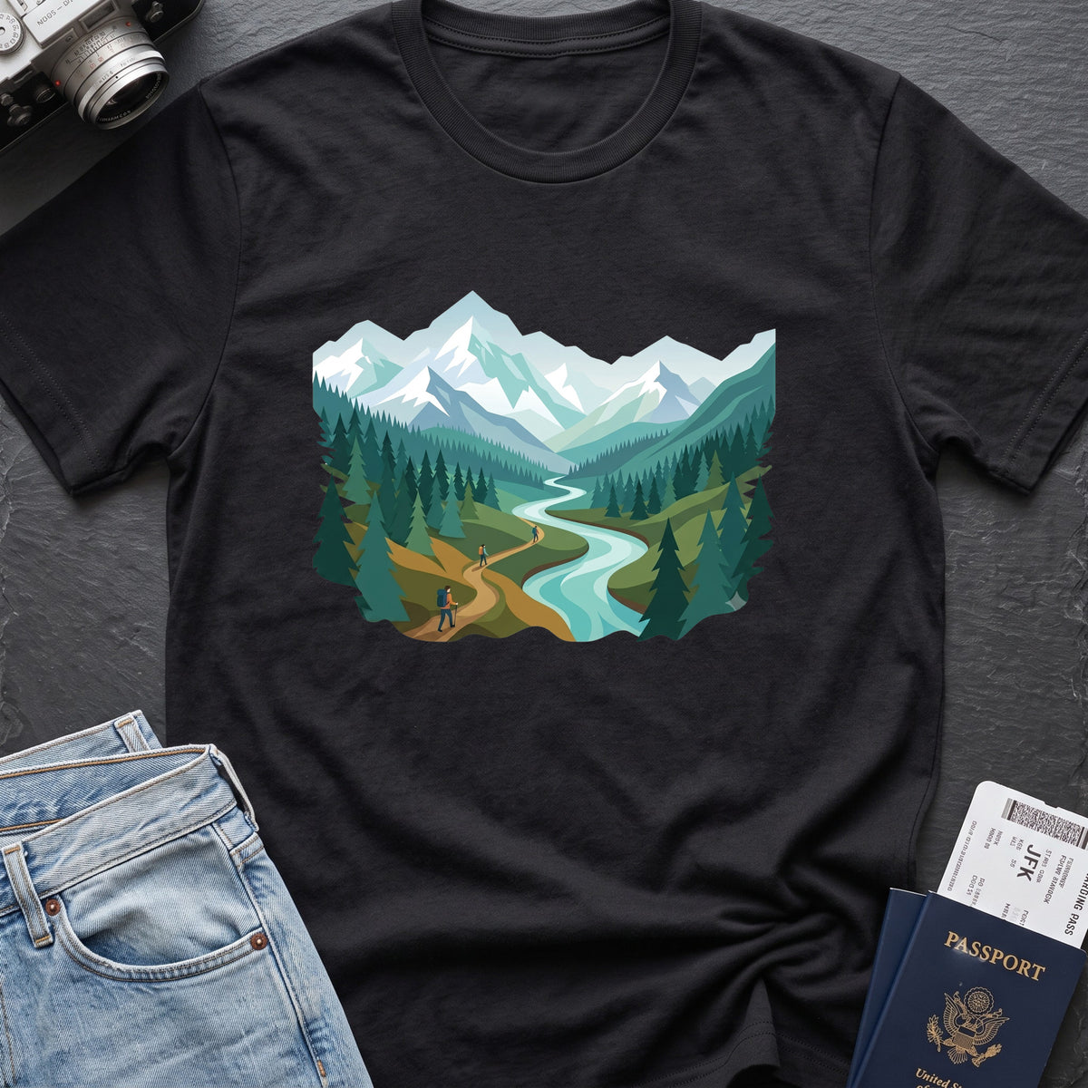 Mountain Time Travel T-Shirt in Black, front view.