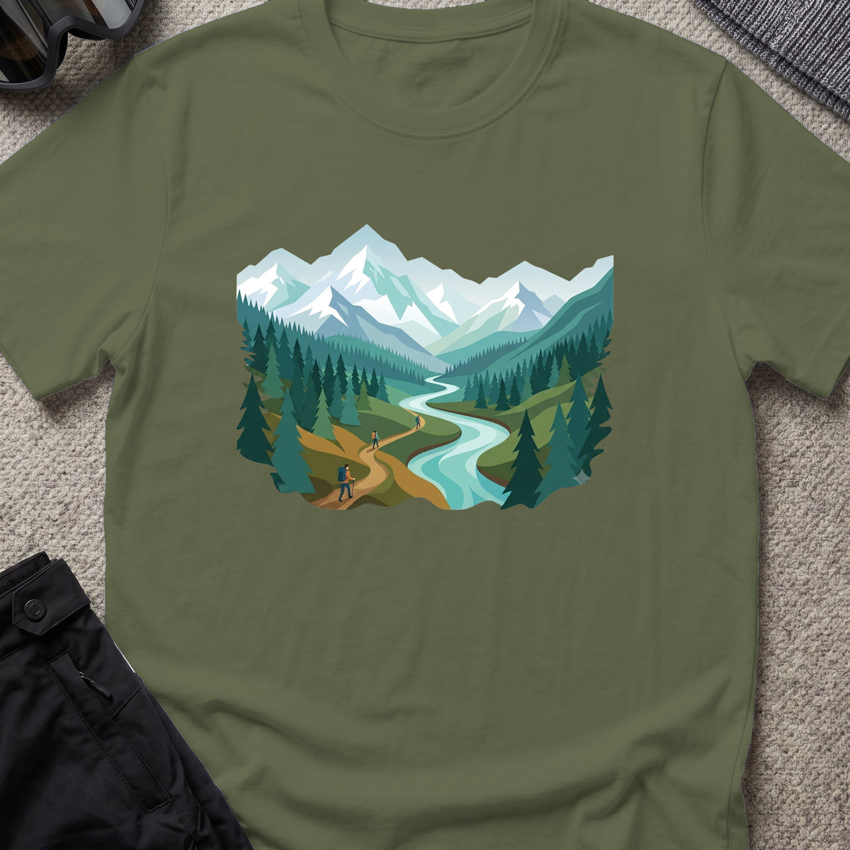 Mountain Time Travel T-Shirt in Military Green, front view.