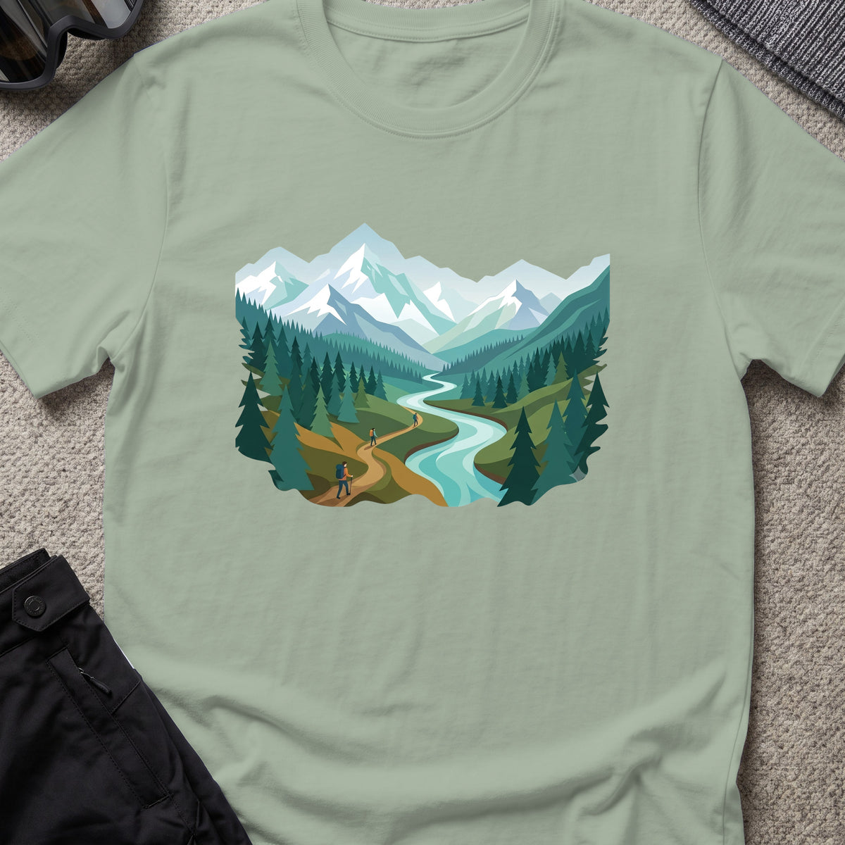 Mountain Time Travel T-Shirt in Sage, front view.