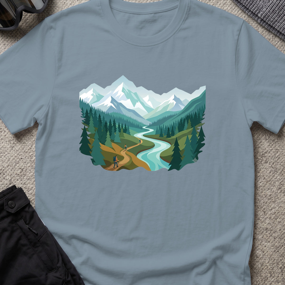Mountain Time Travel T-Shirt in Stone Blue, front view.