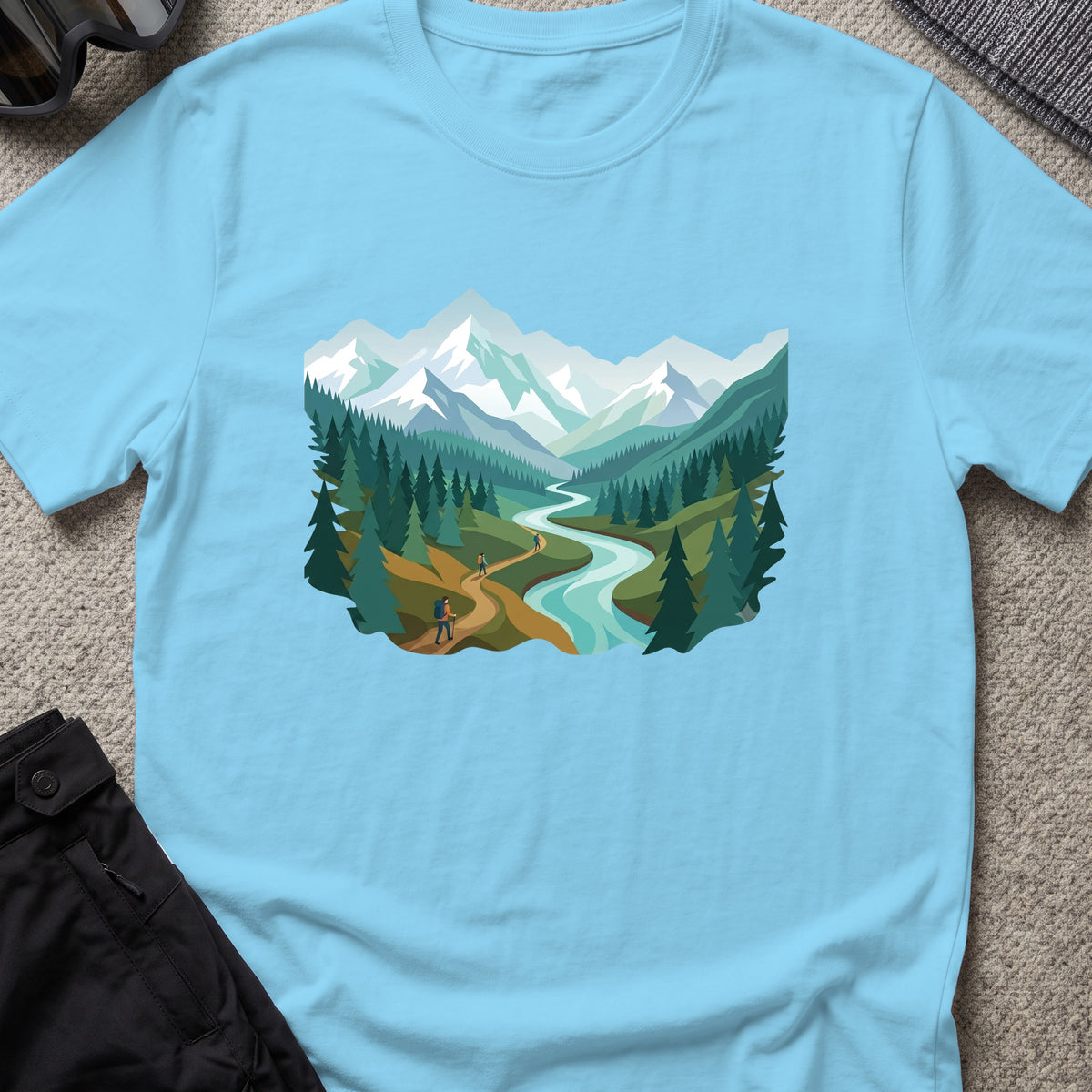 Mountain Time Travel T-Shirt in Sky, front view.