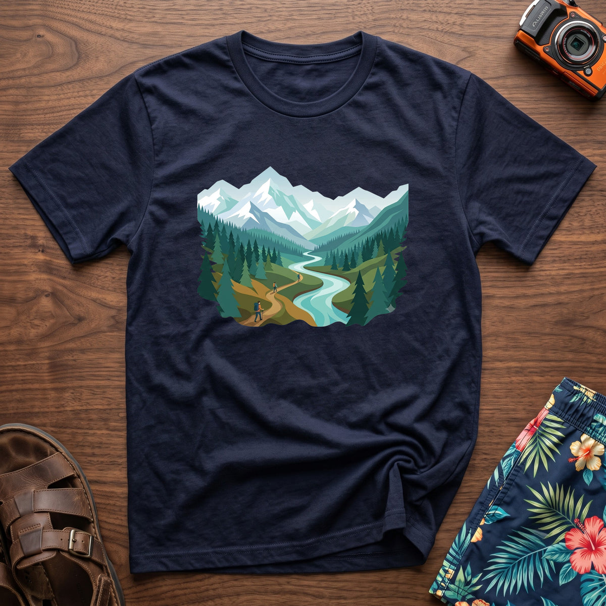 Mountain Time Travel T-Shirt in Navy, front view.