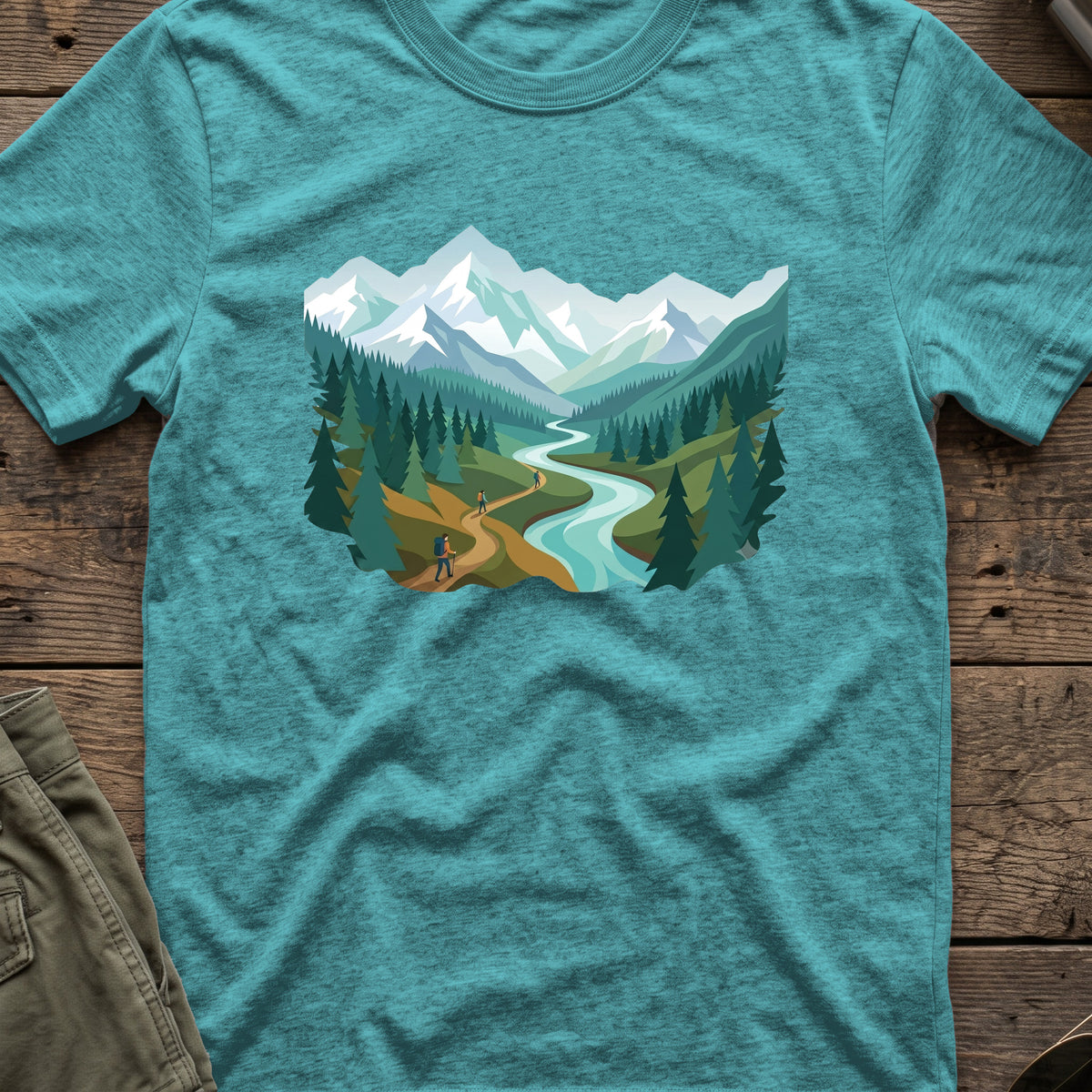Mountain Time Travel T-Shirt in Heather Galapagos Blue, front view.