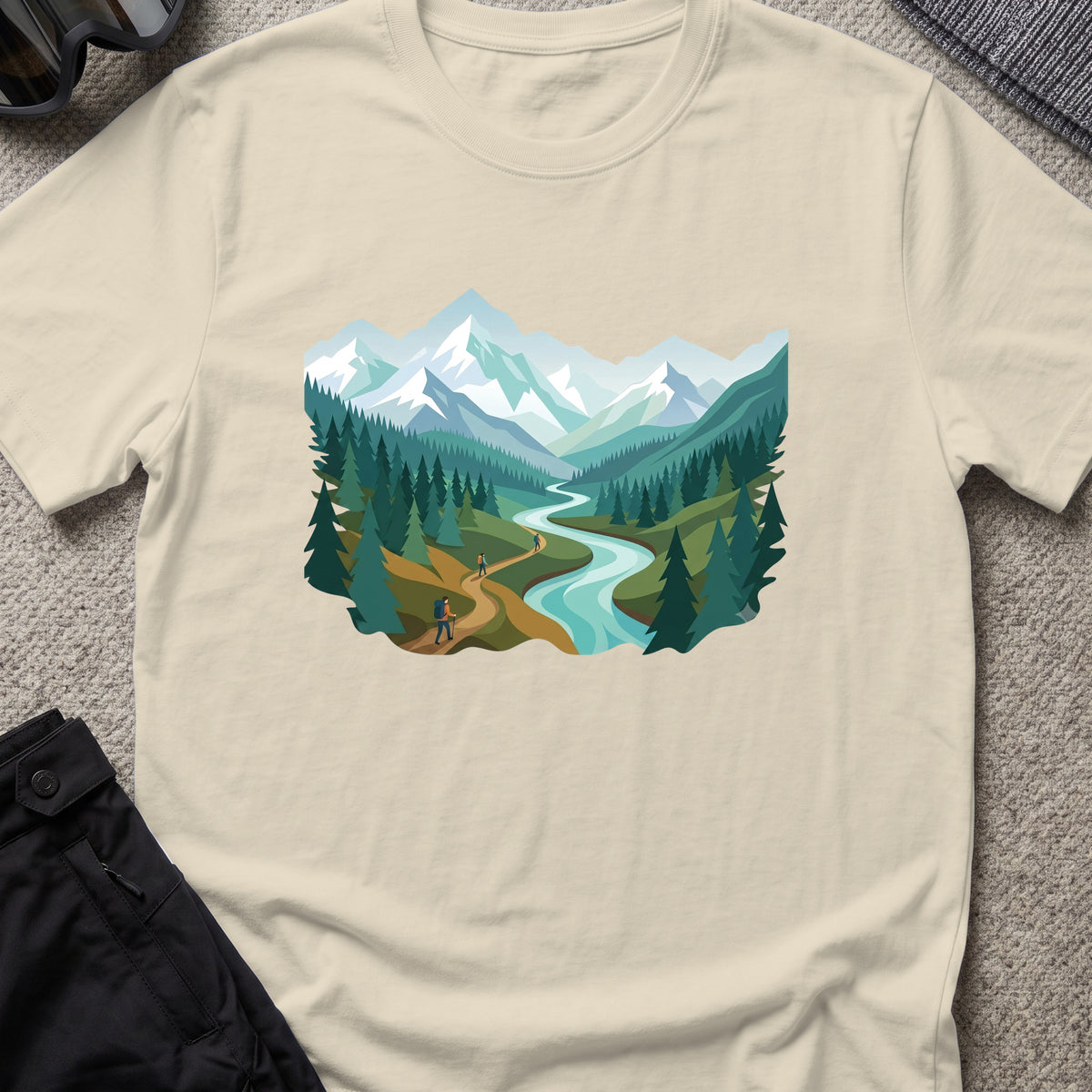 Mountain Time Travel T-Shirt in Sand, front view.