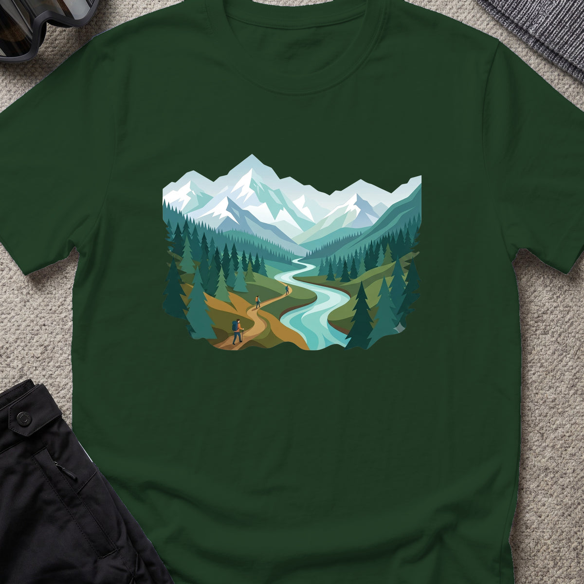 Mountain Time Travel T-Shirt in Forest Green, front view.