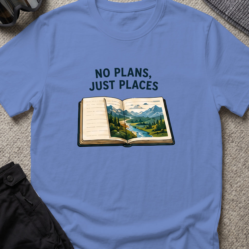 No Plans Just Places T-Shirt in Iris, front view.