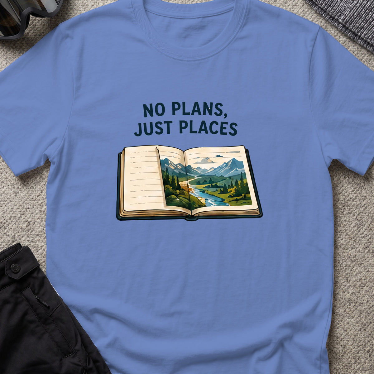 No Plans Just Places T-Shirt in Iris, front view.