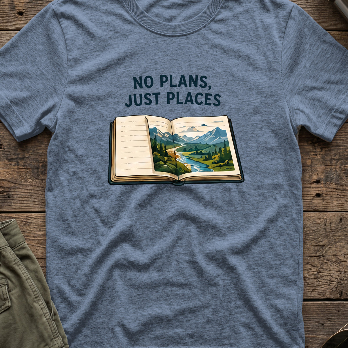 No Plans Just Places T-Shirt in Heather Indigo, front view.