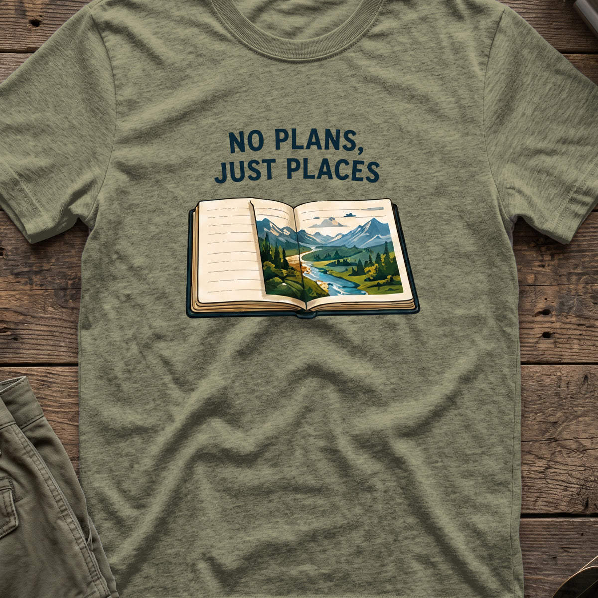 No Plans Just Places T-Shirt in Heather Military Green, front view.