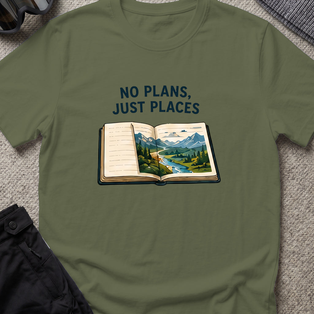 No Plans Just Places T-Shirt in Military Green, front view.