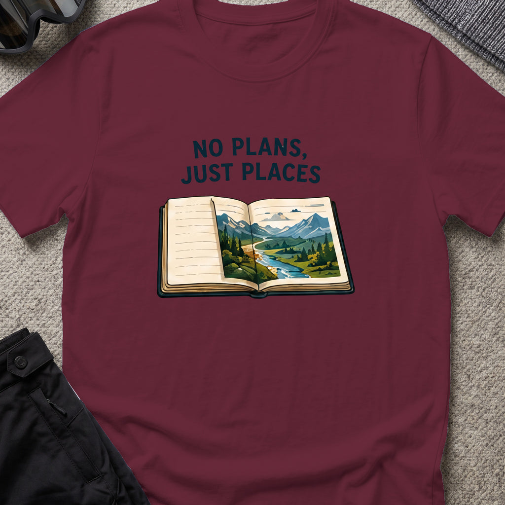 No Plans Just Places T-Shirt in Maroon, front view.