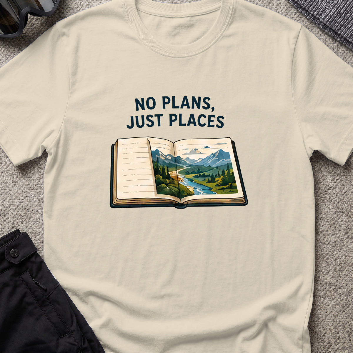 No Plans Just Places T-Shirt in Sand, front view.