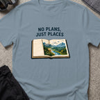 No Plans Just Places T-Shirt in Stone Blue, front view.