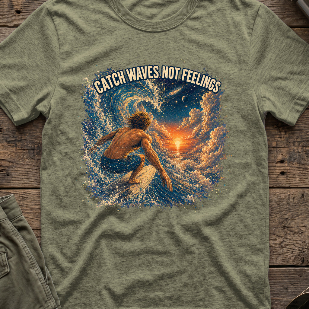 Catch Waves, Not Feelings... in Heather Military Green, front view.