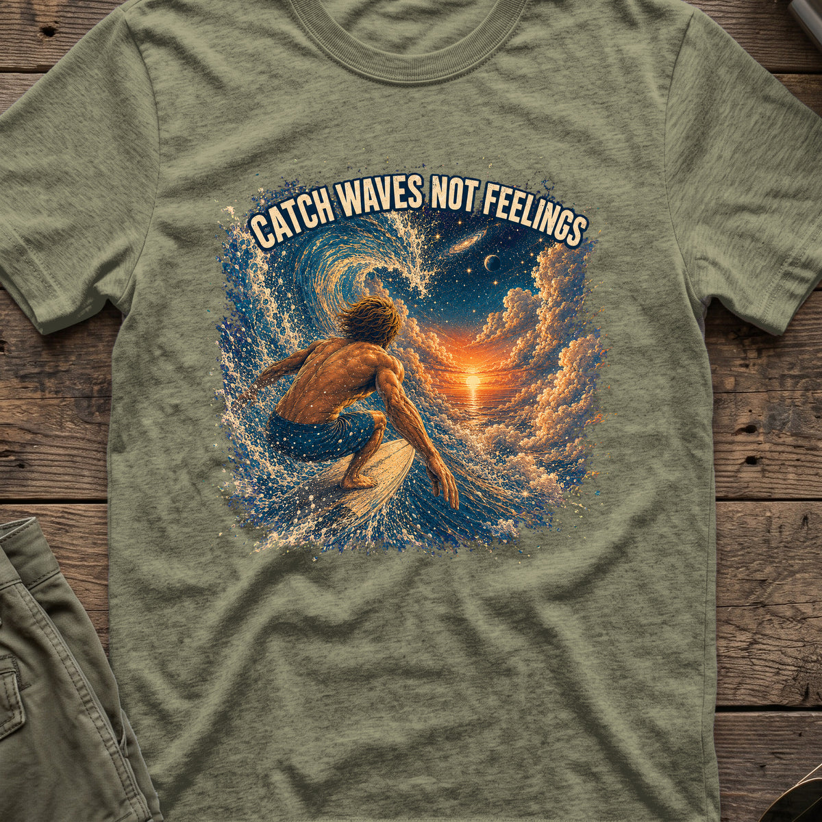 Catch Waves, Not Feelings... in Heather Military Green, front view.