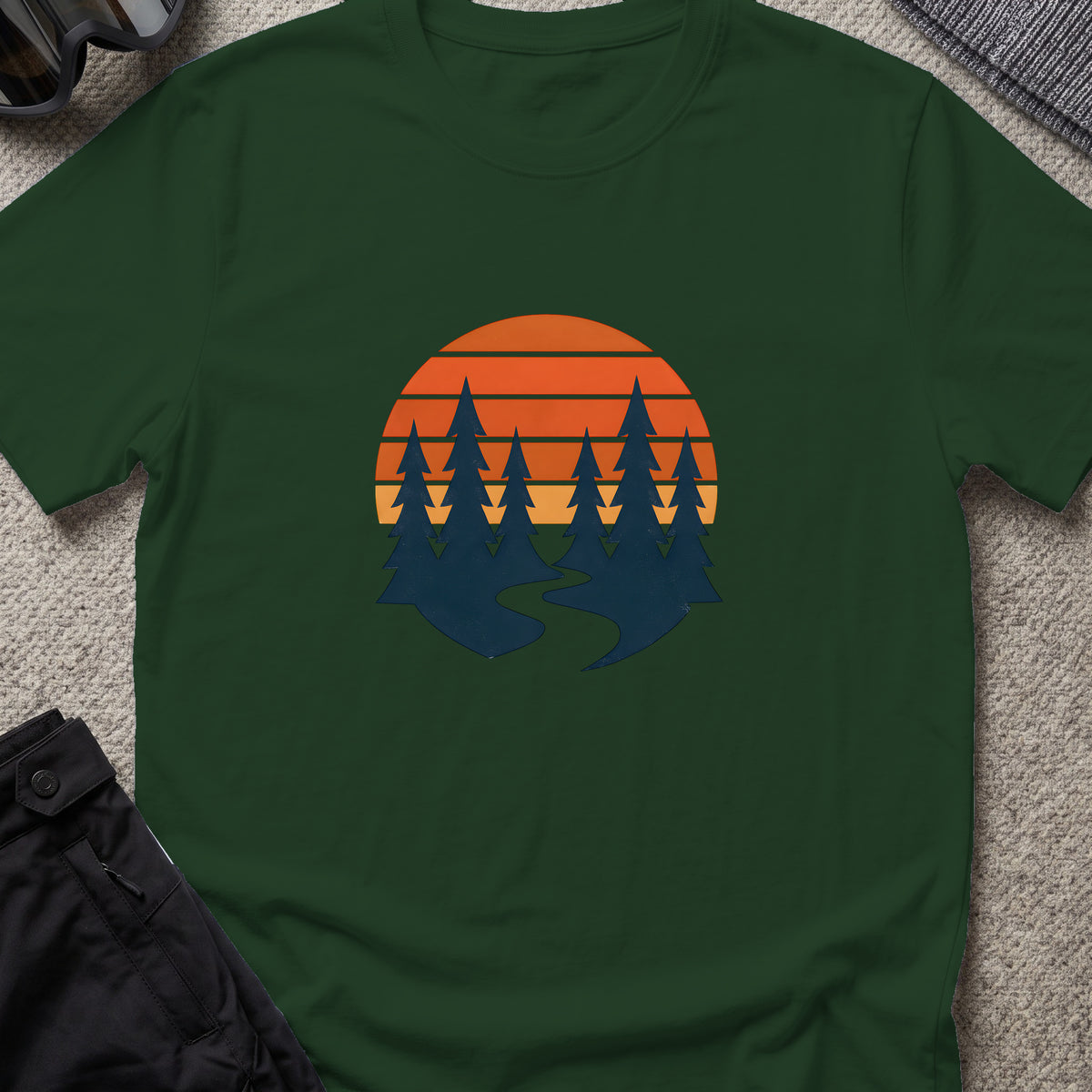 Sunset forest silhouettes T-Shirt in Forest Green, front view.