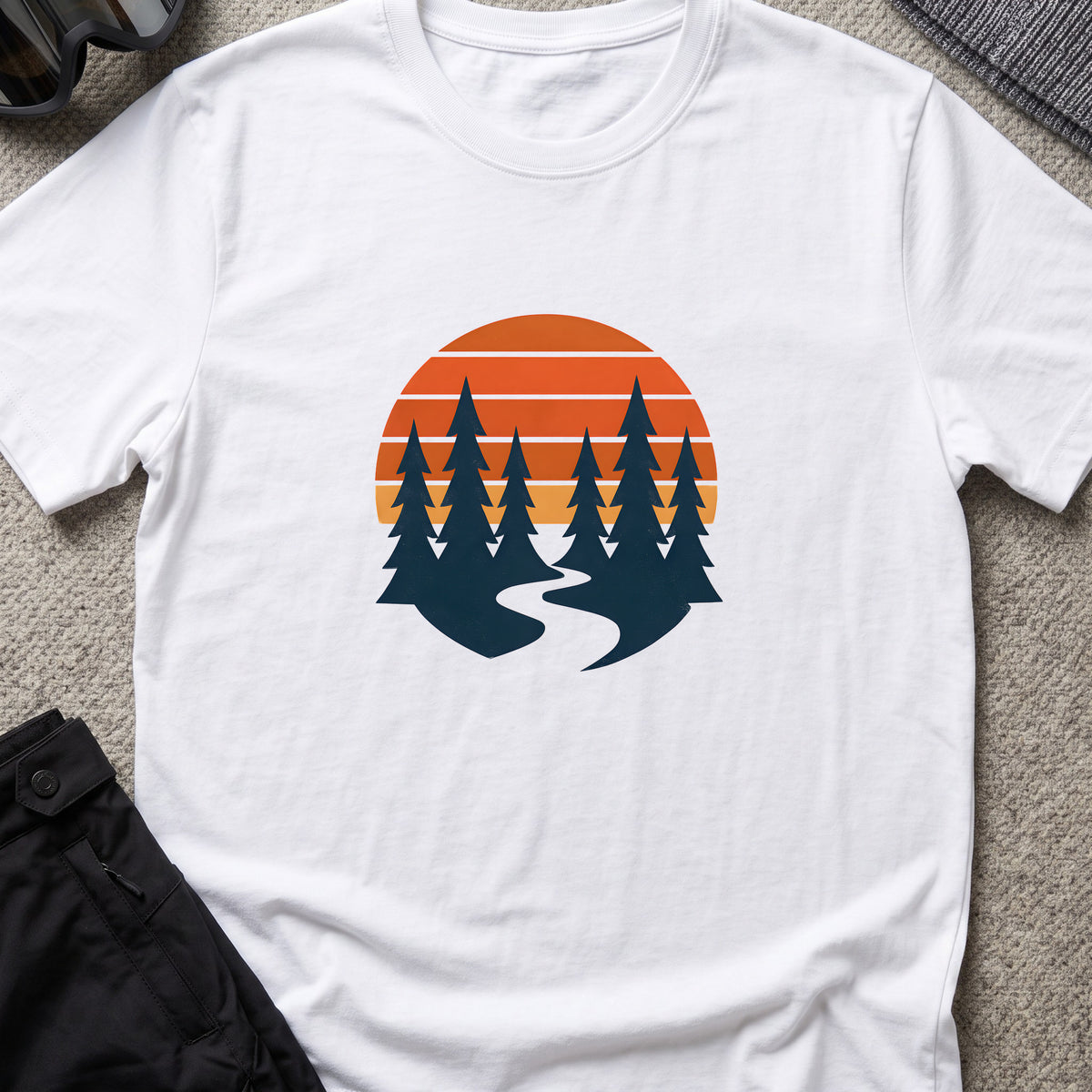 Sunset forest silhouettes T-Shirt in White, front view.