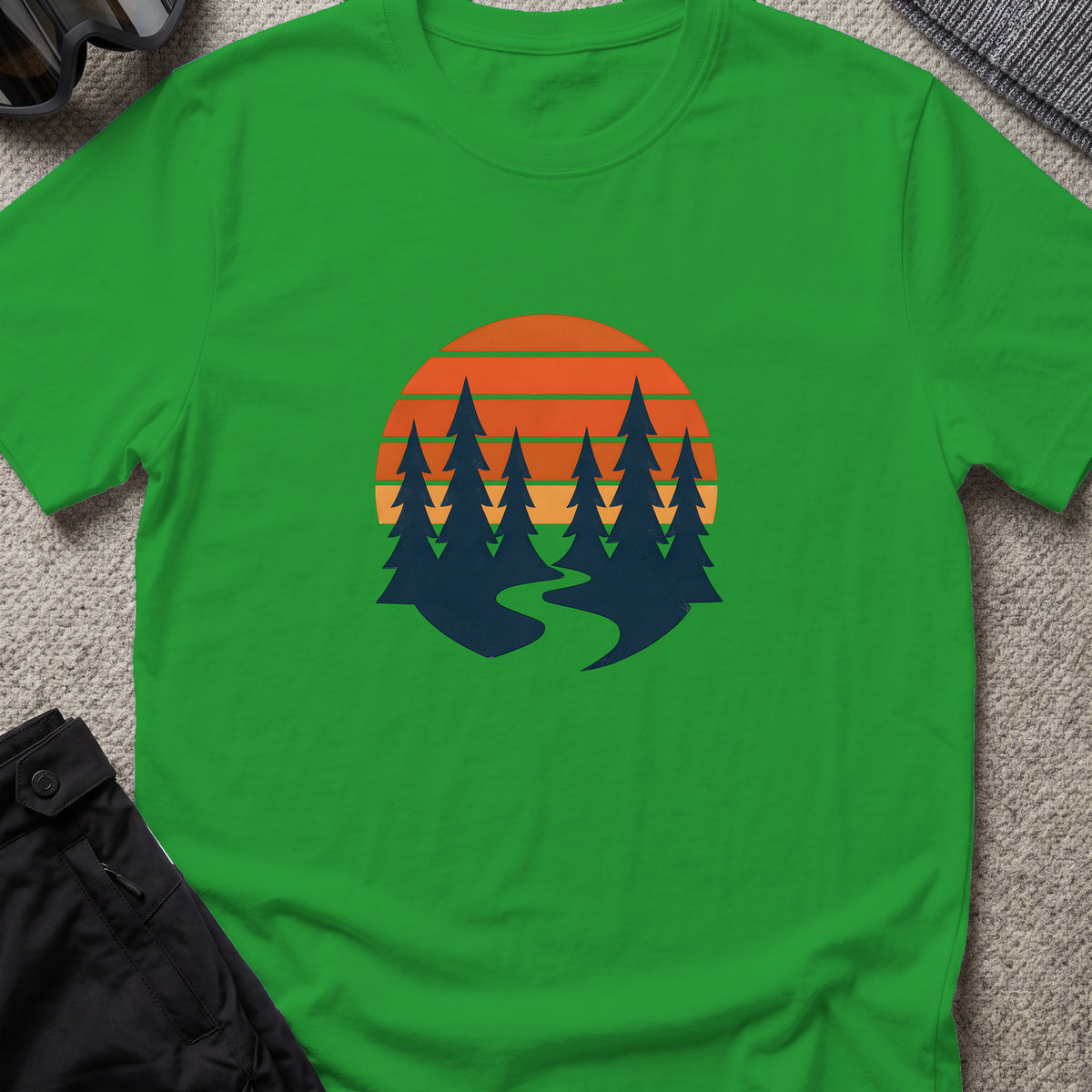 Sunset forest silhouettes T-Shirt in Irish Green, front view.